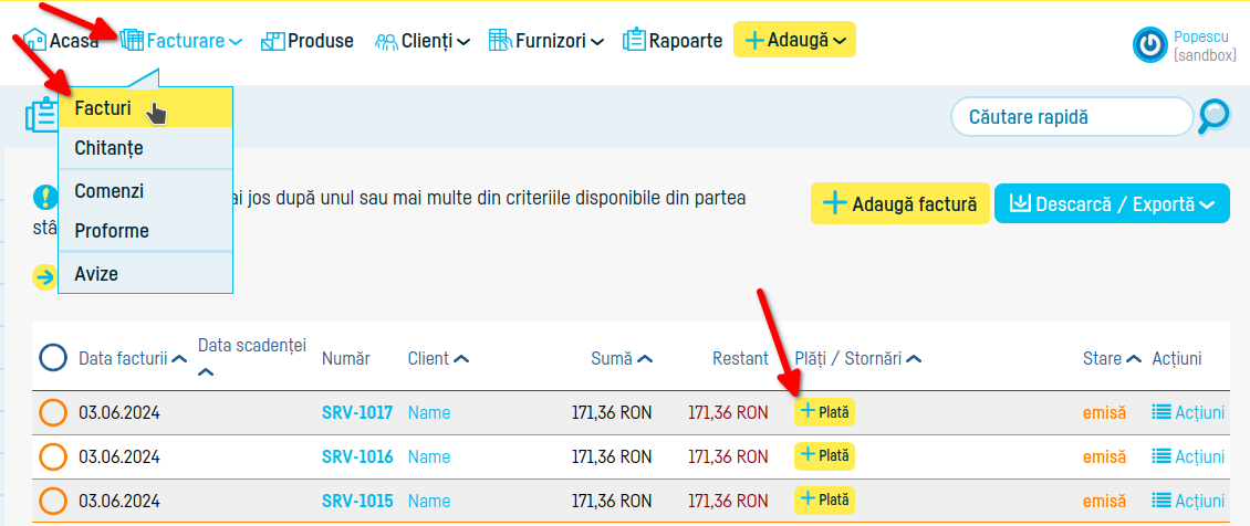 Cum adaug o plată pe factură - pasul 1