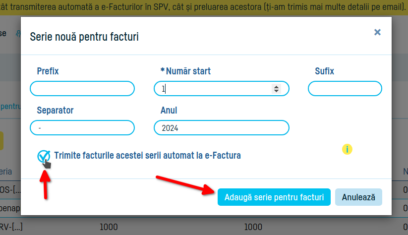 Cum setezi o serie de facturi să transmită e-Factura - pasul 4