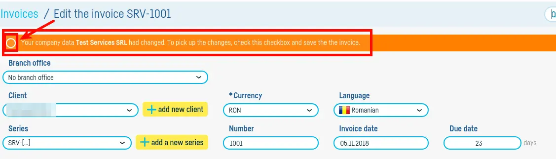 How do I change the data from a saved invoice? - step 1