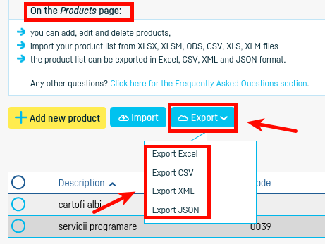 How do I export a products / services list? - pasul 2