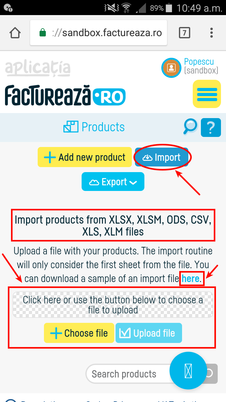 How do I import a product or services list? - pasul 2