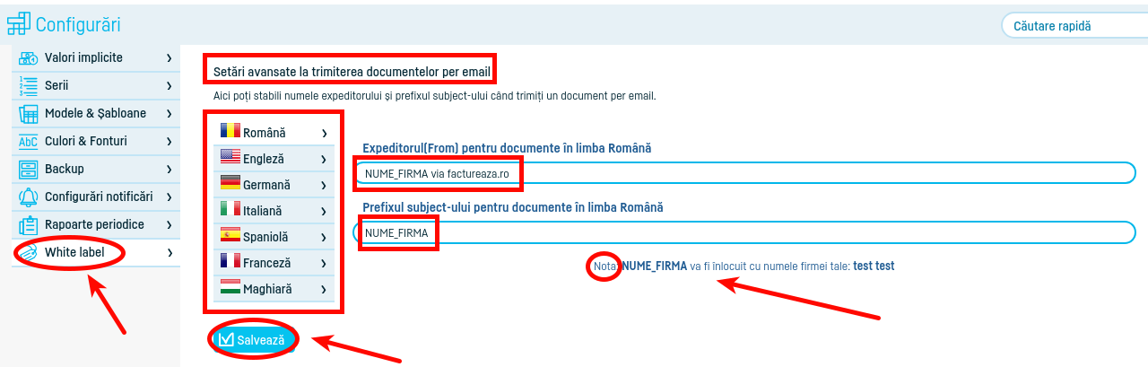Setări avansate la trimiterea documentelor pe email - pasul 2