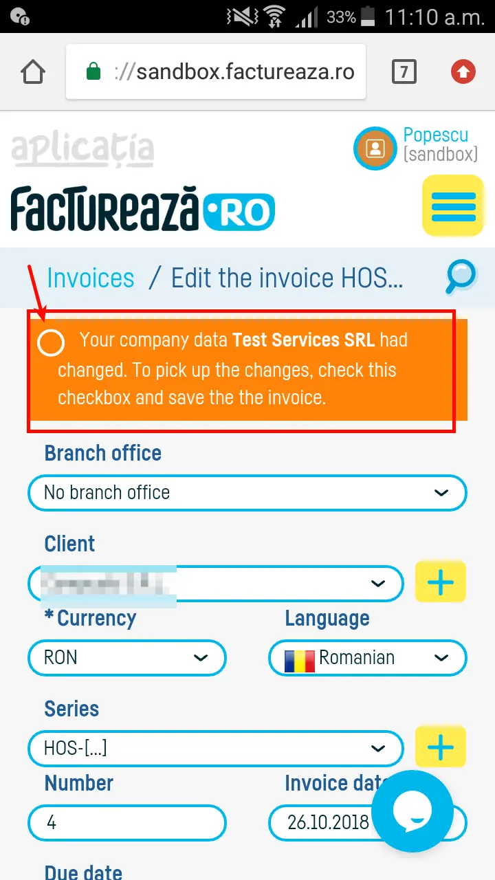 How do I change the data from a saved invoice? - step 1