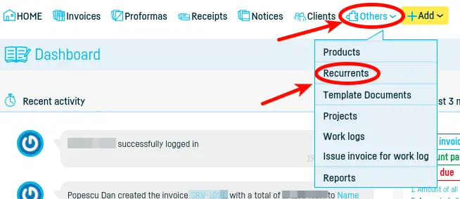 How do I define an invoice for a recurrent? - step 1