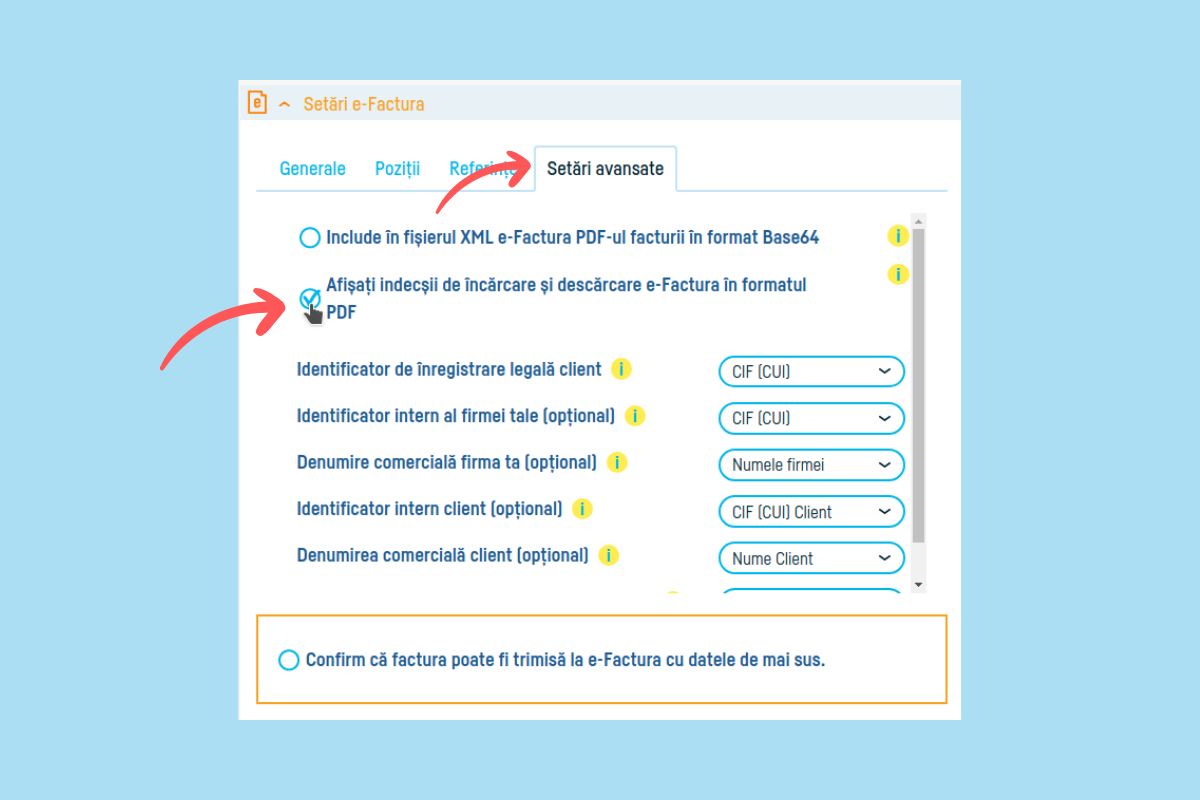 e-factura index incarcare index descarcare setare pe factura